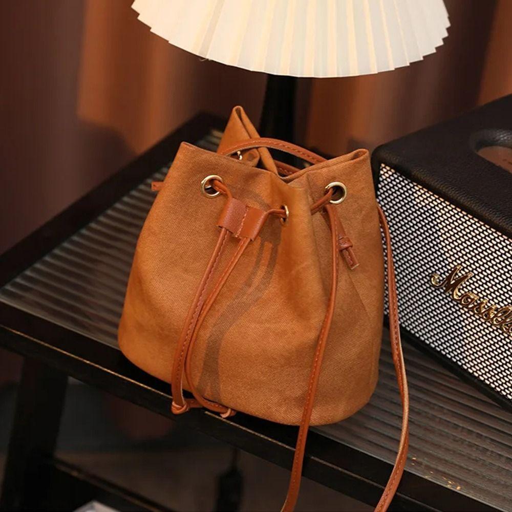 1Pcs New PU Leather Drawstring Bucket Bag Casual Urban Minimalist Style Shoulder Bag Small Crossbody Bag for Women