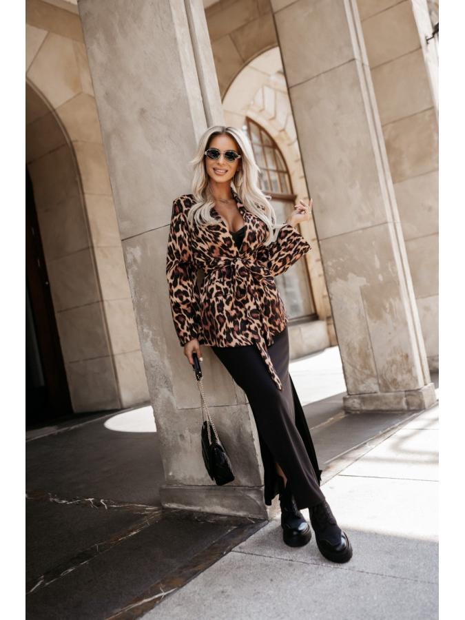 2024 Autumn Women's Leopard Print Tie-Waist Suit Collar Long Sleeve Coat - European & American Style