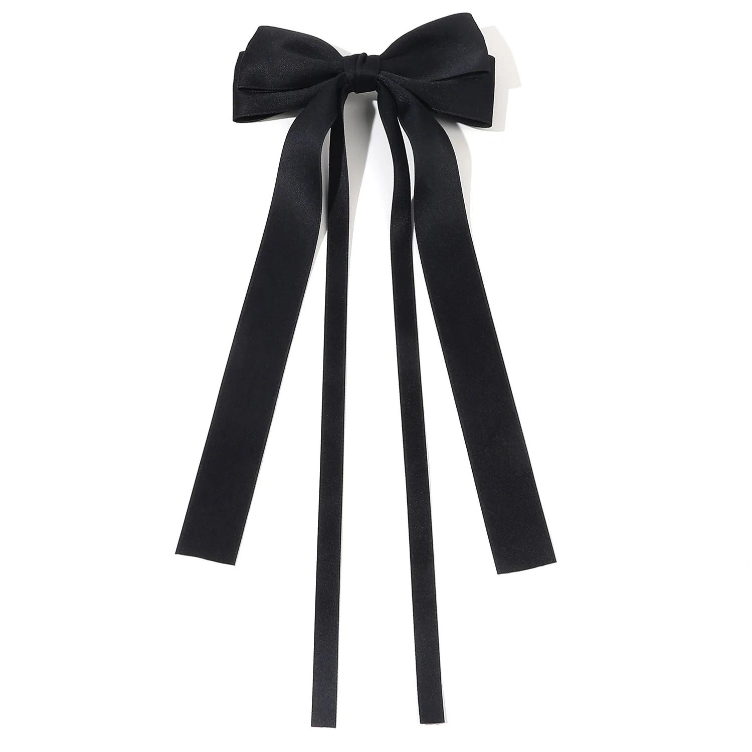 Solide Lint Dubbele Strik Haarklemmen voor Dames Meisjes Trendy Grote Strik Lange Kwast Zilveren Speldjes Accessoires