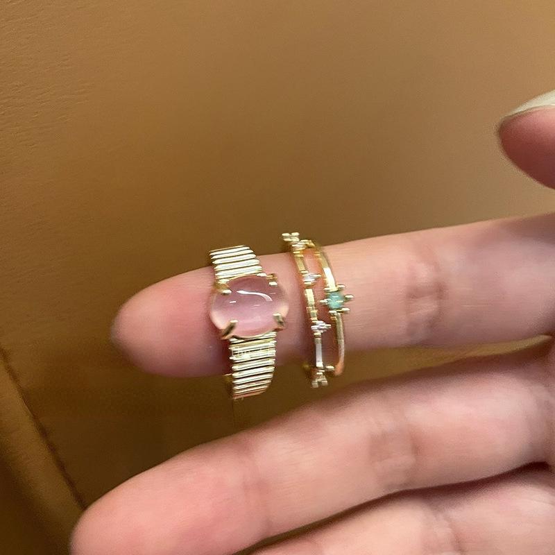 Gold Pink Opal Zircon Ring Women'S Light Luxury Gemstone Niche Design Sense Opening Senior Personality