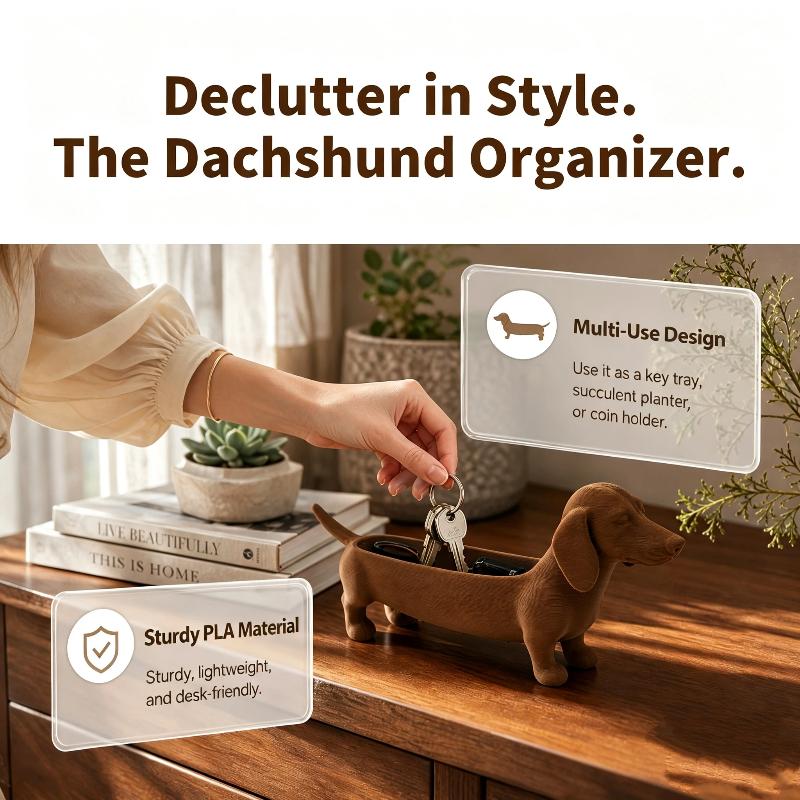 Ornaments 3D Printed Dachshund Storage Tray Animal Funny Sausage Dog Planter Plastic Tabletop Organizer Figurine Office