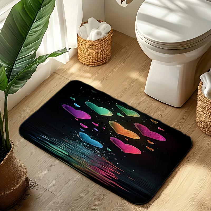 Galaxy Heart Printed Flannel Bath Mat With Rainbow Colors And Cosmic Design Soft Non Slip Rug For Bathroom Or Bedroom Decor
