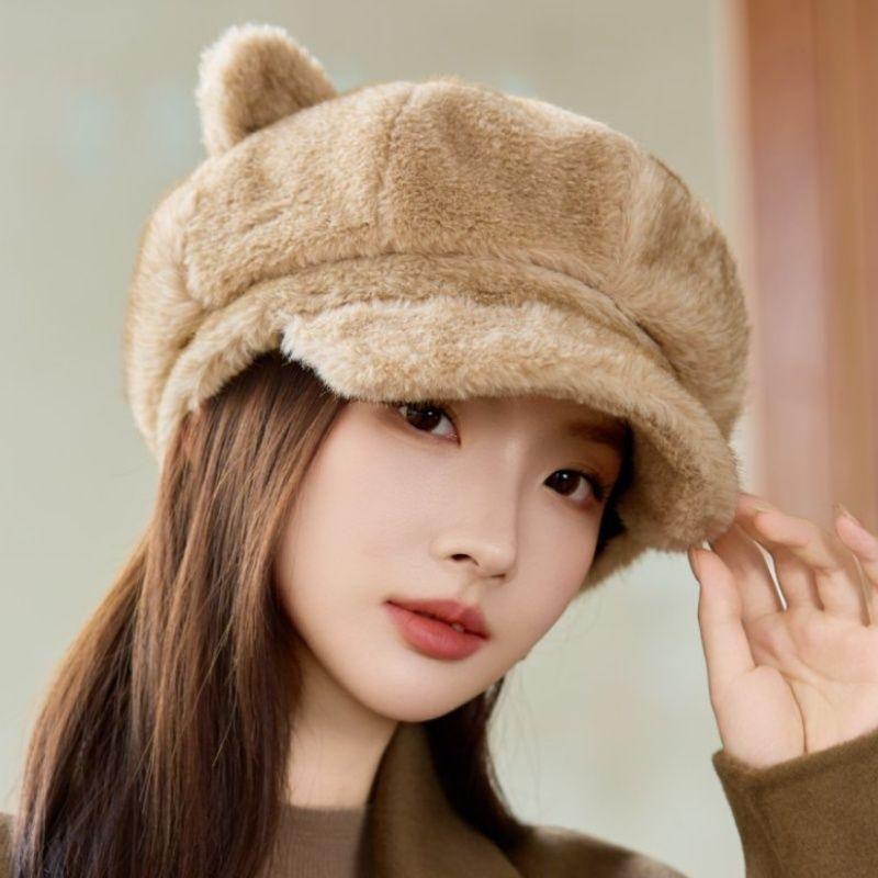 New Style Rabbit Fur Octagonal Hat Women's Fashionable Plush Hat Cat Ear Thermal Cap Wide-Circumference Head Wrap