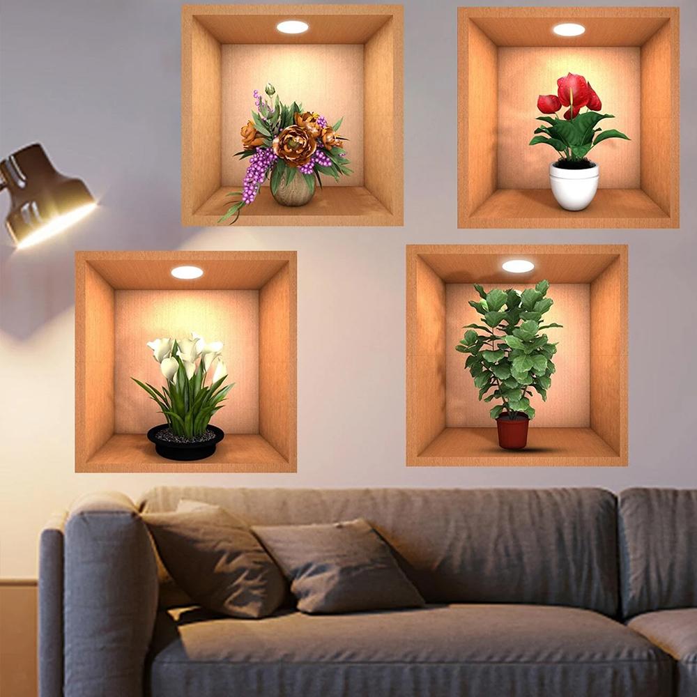 4Pcs 3D Plant Wall Stickers Floral Pattern Green Plants PVC Wall Sticker for Home Art Room Bedroom Background Decoration