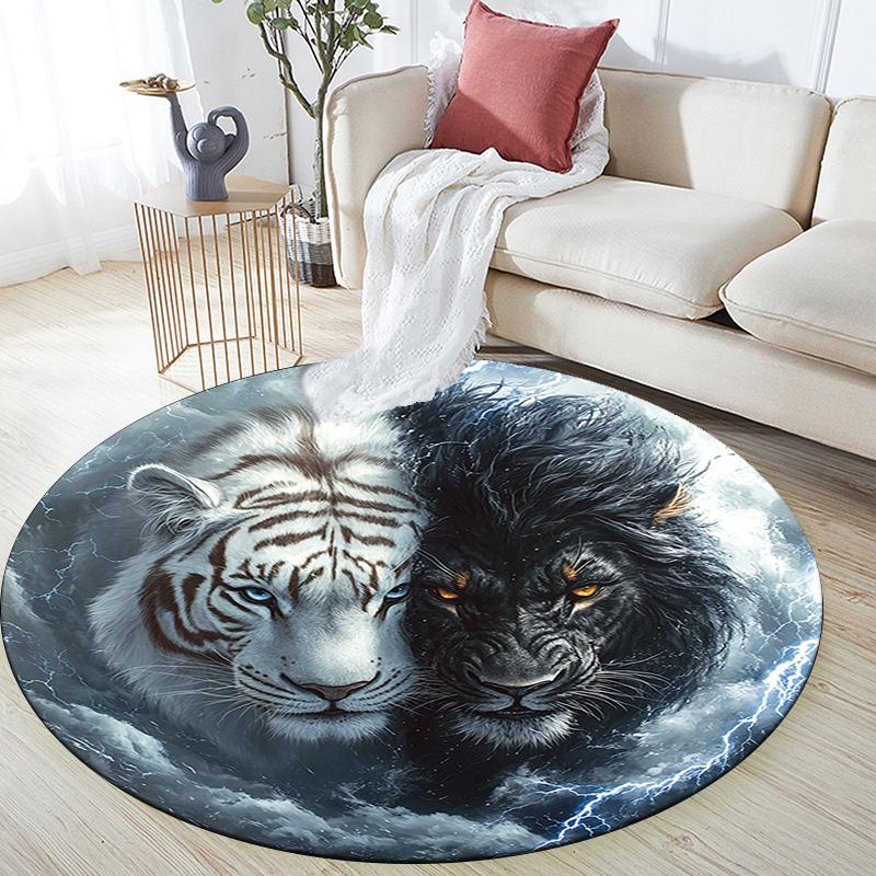 Yin Yang Tiger Lion Round Area Rug,Carpet Rug for Living Room Bedroom Sofa Playroom Decor,Non-slip Floor Mat