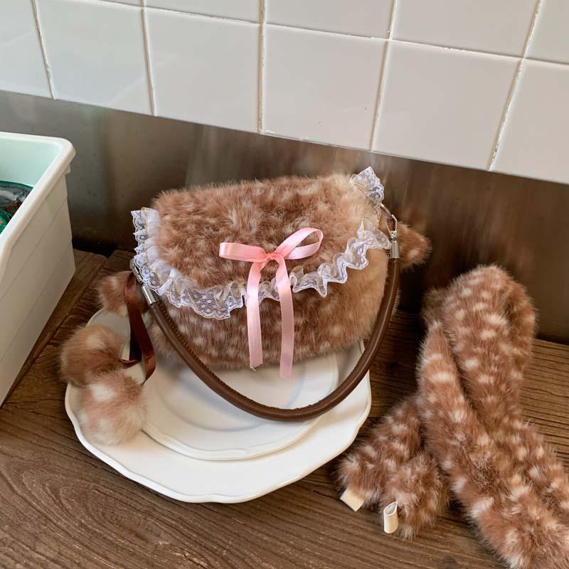 Lolita Plush Handbag Women's Mori Cute Deer Spotted Shoulder Bag Lace Bow Decoration Brown Furry Fluffy Women's Crossbody Bag