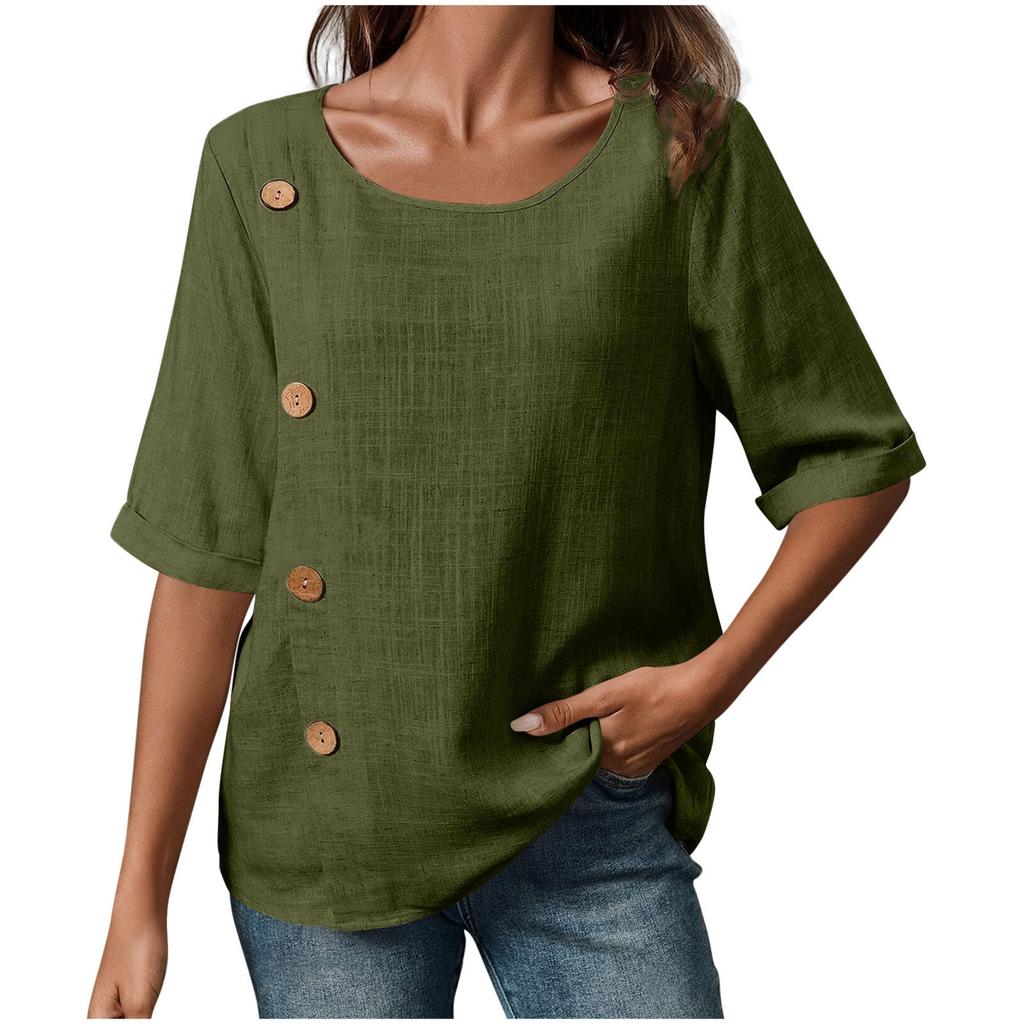 New Women's Cotton And Linen Button,down Casual Top