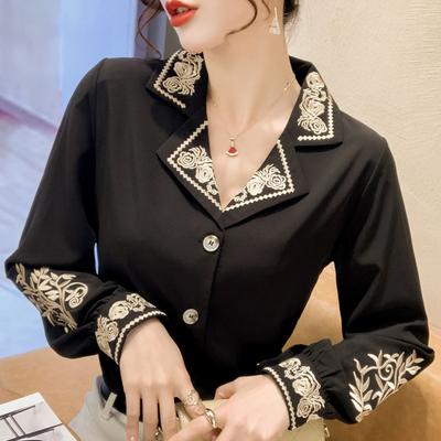 Fashion New Spring Autumn Long Sleeve Notched Collar Embroidery Black White Blouse Shirt Women Tops J378