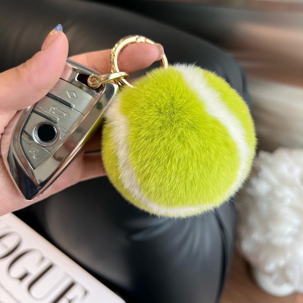 Cute Tennis Real Rabbit Fur Tennis Car Keychain Pendant Ins Plush Ball School Bag Hanging Ornaments For Girl'S Gift