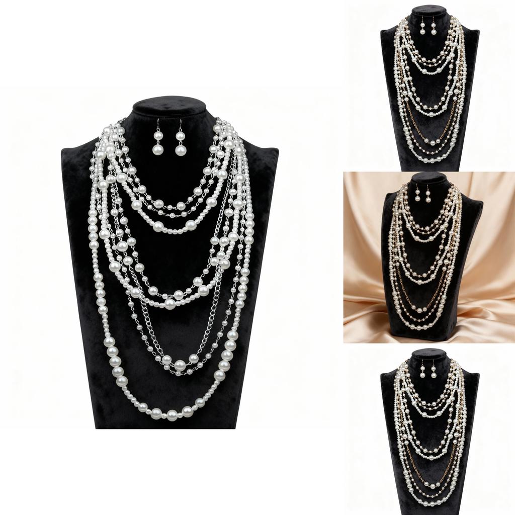 Europäischer Stil Mehrlagige Perlenkette und Ohrring-Set mit geometrischem Anhänger für Damen