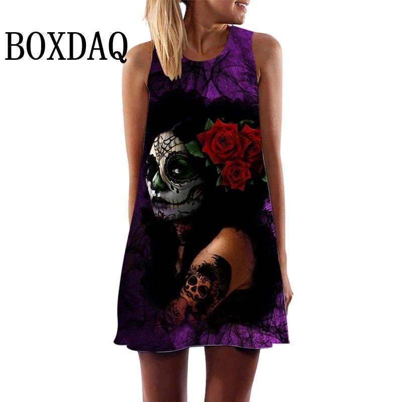 Vintage Skull Face 3D Print Women's Dress Summer Fashion O-Neck Sleeveless Mini Dresses Casual Vest Ladies Punk Streetwear