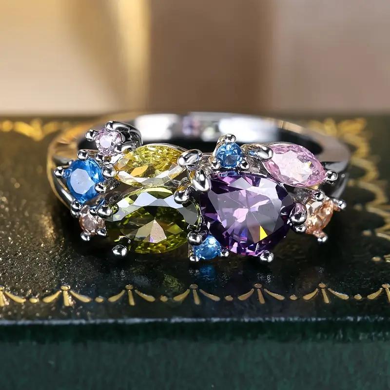 Sweet Silver Color Rings With Multicolored Cubic Zirconia For Women Wedding Party Engagement Fancy Accessories Jewelry