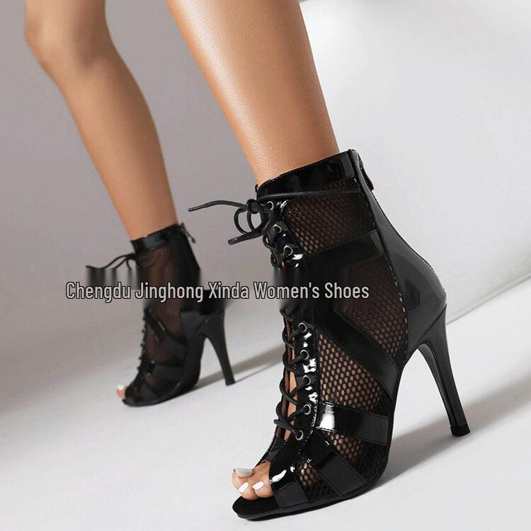 Dames Kant-up Mesh Hoge Hak Jazz Laarzen - Hol Ontwerp en Peep-Toe Dansschoenen, Ook Verkrijgbaar in Grote Maten.
