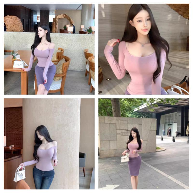 Maglietta da donna viola a maniche lunghe con spalle scoperte, con coppe di sostegno sul petto, alta elasticità, modellante in vita, vestibilità aderente, top base, outfit stile Pura Seduzione