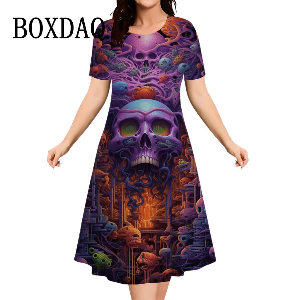 Vintage Skull Women Dress Fashion O-Neck Casual Short Sleeve Dress Summer Female Harajuku Punk Streetwear Clothing