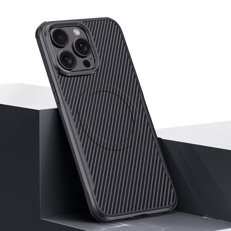 

For iPhone 15 Pro Max Case Compatible with MagSafe Carbon Fiber Texture Leather Coated PC+Silicone Protective Cover Black