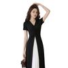 [Spot] Summer new women's French temperament short-sleeved V-neck splicing waist long holiday style dress