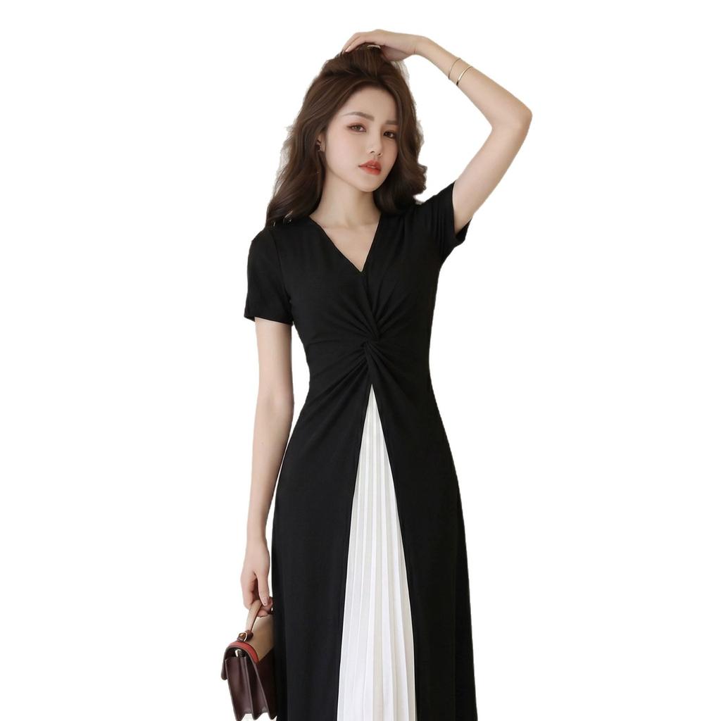 [Spot] Summer new women's French temperament short-sleeved V-neck splicing waist long holiday style dress