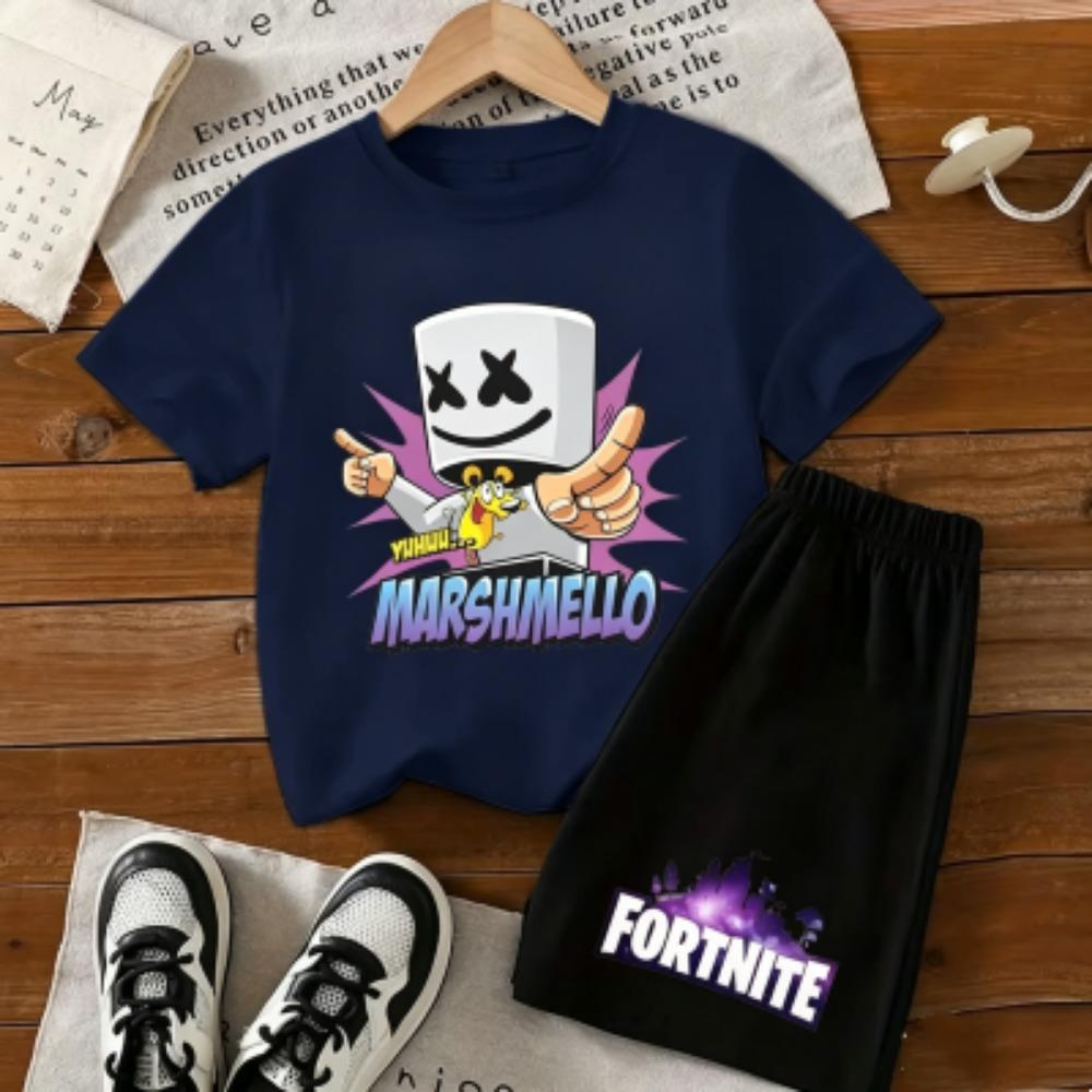 Fashion Cartoon Figure Fun Printed 11 Colors Kids T-shirt and Shorts 2 Piece Set Summer Home Outdoor Casual Outfit Boy and Girl's Sports Set