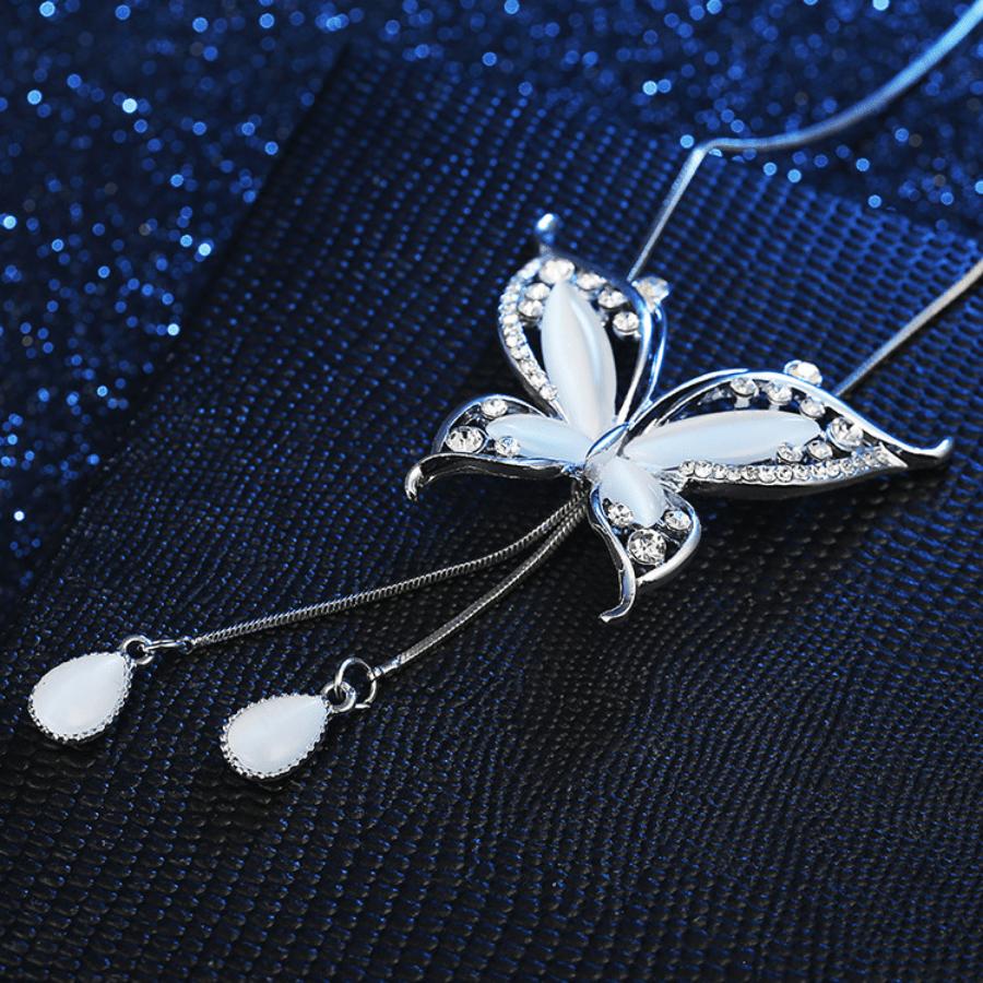 1pc Elegant Y-Shaped Necklace with Sparkling White Butterfly Pendant - Long, Dangling Rhinestone & Zinc Alloy Chain, Perfect for Everyday Fashion, Eve