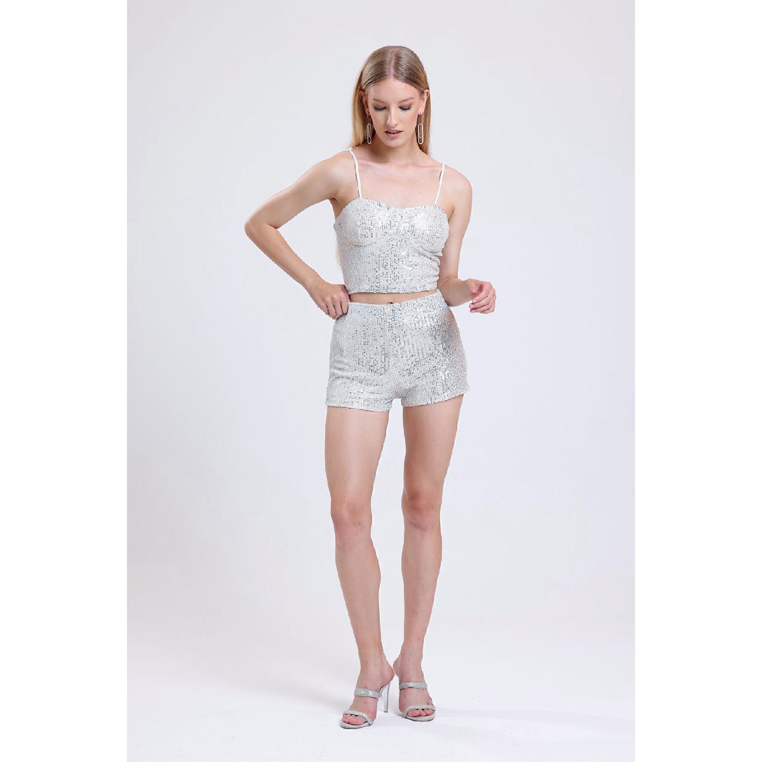 

Waist Tire Lined Lined Stamp Sequin Shorts | rt35015 Silver 40 срібний