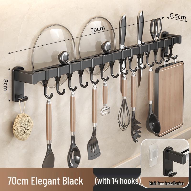 Black Traceless Adhesive Kitchen Storage Rack: Punch-Free Wall-Mounted Pot Lid, Knife Holder, Multi-Functional Hooks