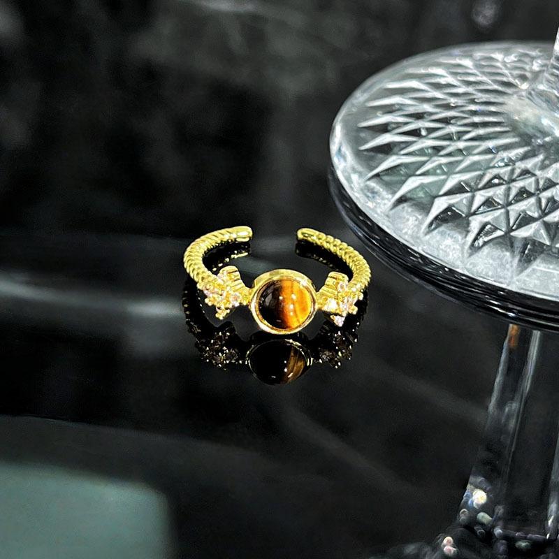Autumn and Winter Advanced Sense Adjustable Index Finger Ring Niche Maillard Tiger's Eye Stone Gold Ring Women's Light Luxury Stacked Ring