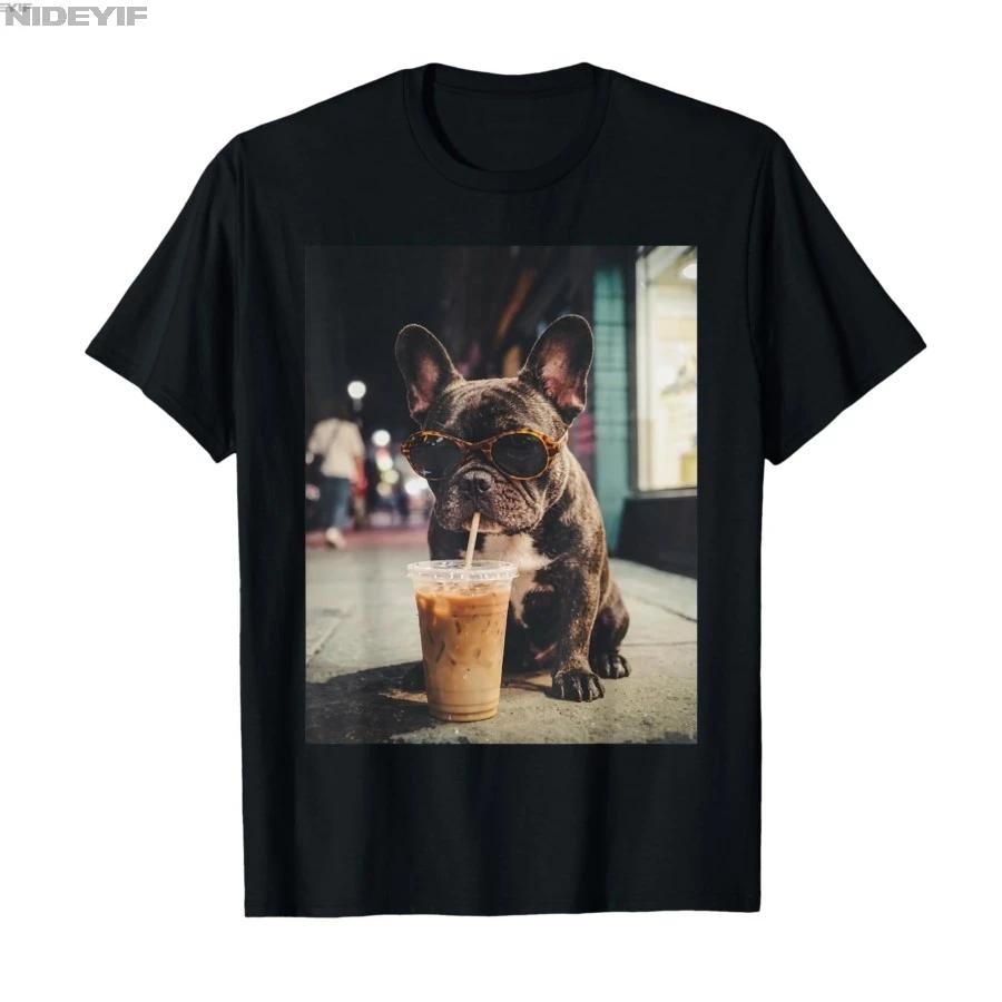 French Bulldog Drinking Iced Coffee Funny Animal Tshirt For Men Women 100 Cotton T Shirts Short Sleeve Tops 04061 S