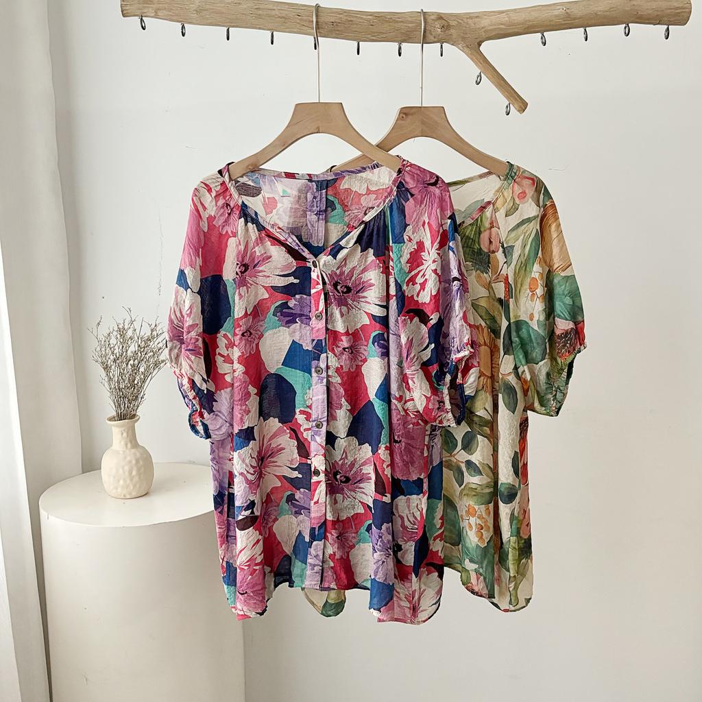 Dimanaf 2025 New Summer Women Linen T-Shirt Short Sleeve Buttons Flower Basic Fashion O-Neck Tops Tees Loose Tees