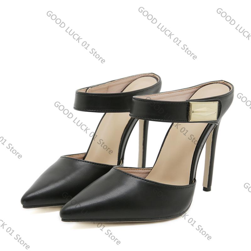 

Fashion 2025 Fashion Design Metal Decoration Strap Women Pumps Slippers Cozy Leather Pointed Toe Black High Heels Shoes Stiletto Sandal 35 чёрный