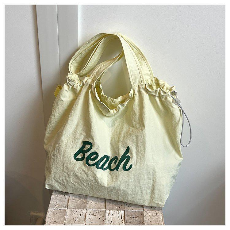 Korean Style Women's Large Nylon Tote with Letter Print, Drawstring, and Single Shoulder Strap