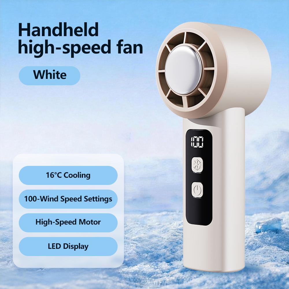 Handheld Mini High-Speed Turbine Fan with Ice Compres 100-Speed Wind Stepless Speed Adjustment LED Display Portable Cooling Fan