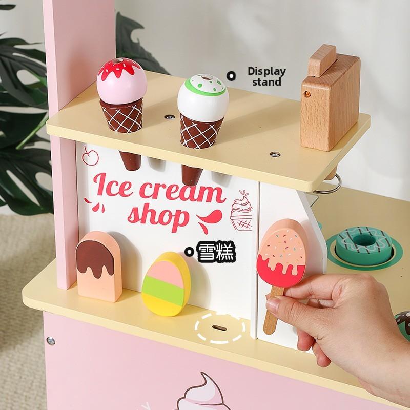 Cream Wooden Ice Cart Toy Playset With Cash Register For Kids Creative Play