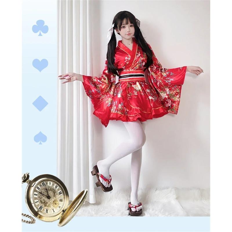 Japanese Yukata Robes Kawaii Girls Floral Printed Haori Suit Lovely Lolita Dress Women Maid Cosplay Costume Halloween