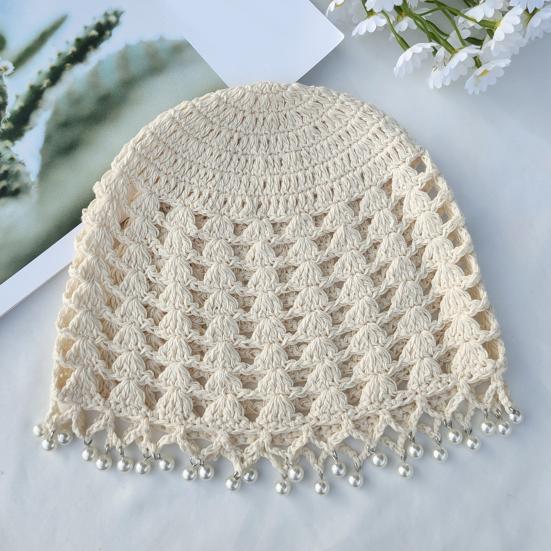 Knitting Hat Bohemian Style Hollow Design Women Hat with Faux Pearls Pendant Lightweight Elastic Hat Headwear