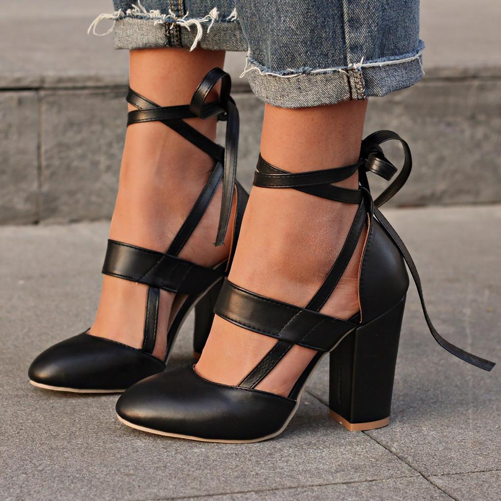 Dress Boots For Women Low Heel Knee High Bandage Women'S Round Fashion Shoes Heel Hollow Toe High Chunky Out Zapatos De Mujer