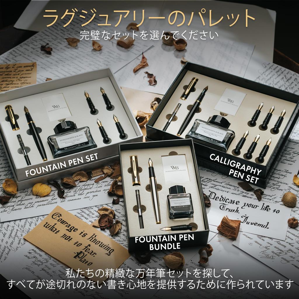 Wordsworth Black Fountain Pen Set with 18K Gold Medium and Extra Fine 25ML Black Ink 6 Ink Ink Refill Gift Pen Gift for Men and Women & Nibs, Bottle,