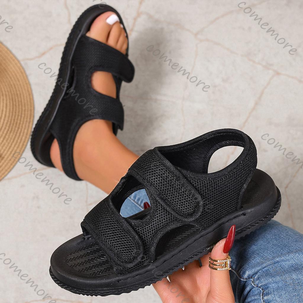 Comemore New Breathable Mesh Round Head Sandals for Women Casual Flat Bottom Roman Style Black Beach Sandalias Femmes