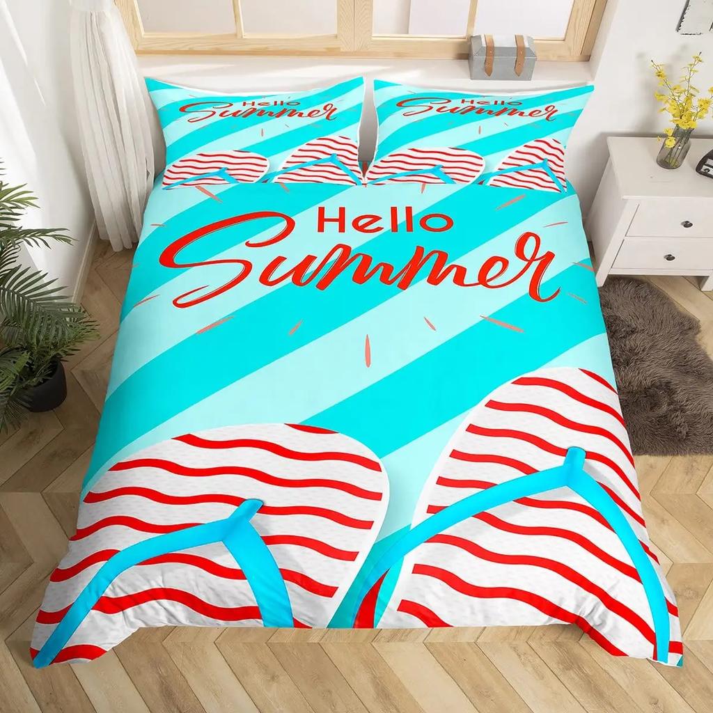 Hello Summer Duvet Cover Set Watercolor Watermelon Fruits Bedding Set Summer Holiday Theme Blue Rustic Cabin Comforter Cover