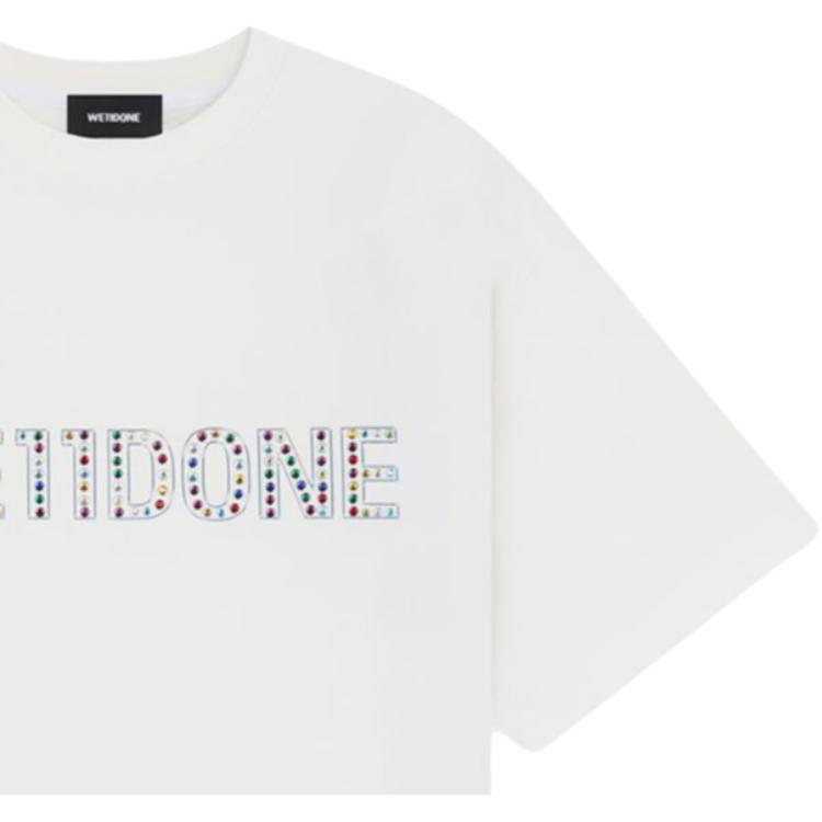 We11done Ss25 Front Crystal Decorated Logo Printed Casual Short Sleeve T-Shirt Unisex Tops WD-TT2-25-731-U-WH