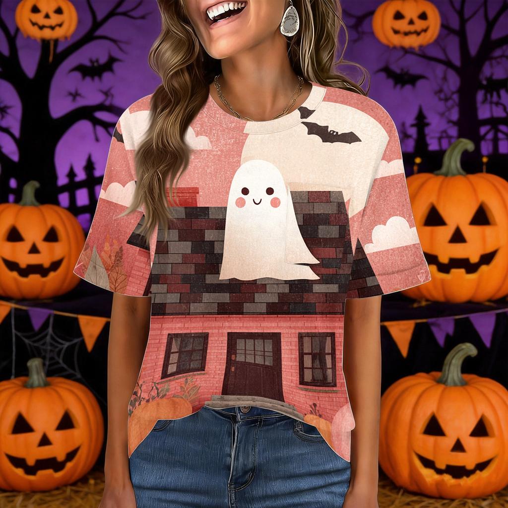 Women's Casual Halloween Pullover Top Short Sleeve Round Neck Pocket T-Shirt Halloween Print Casual Fit Lightweight