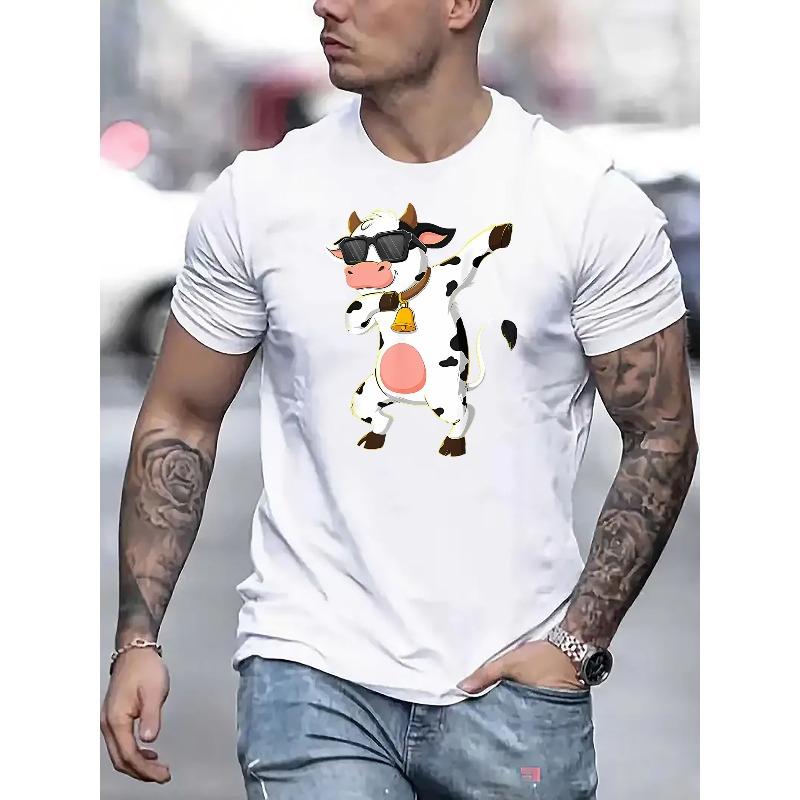 European sizes Men'S Casual Crew Neck T-Shirt with Creative Pose Cow Print, Polyester Knit Fabric, Slight Stretch, Regular Fit,
