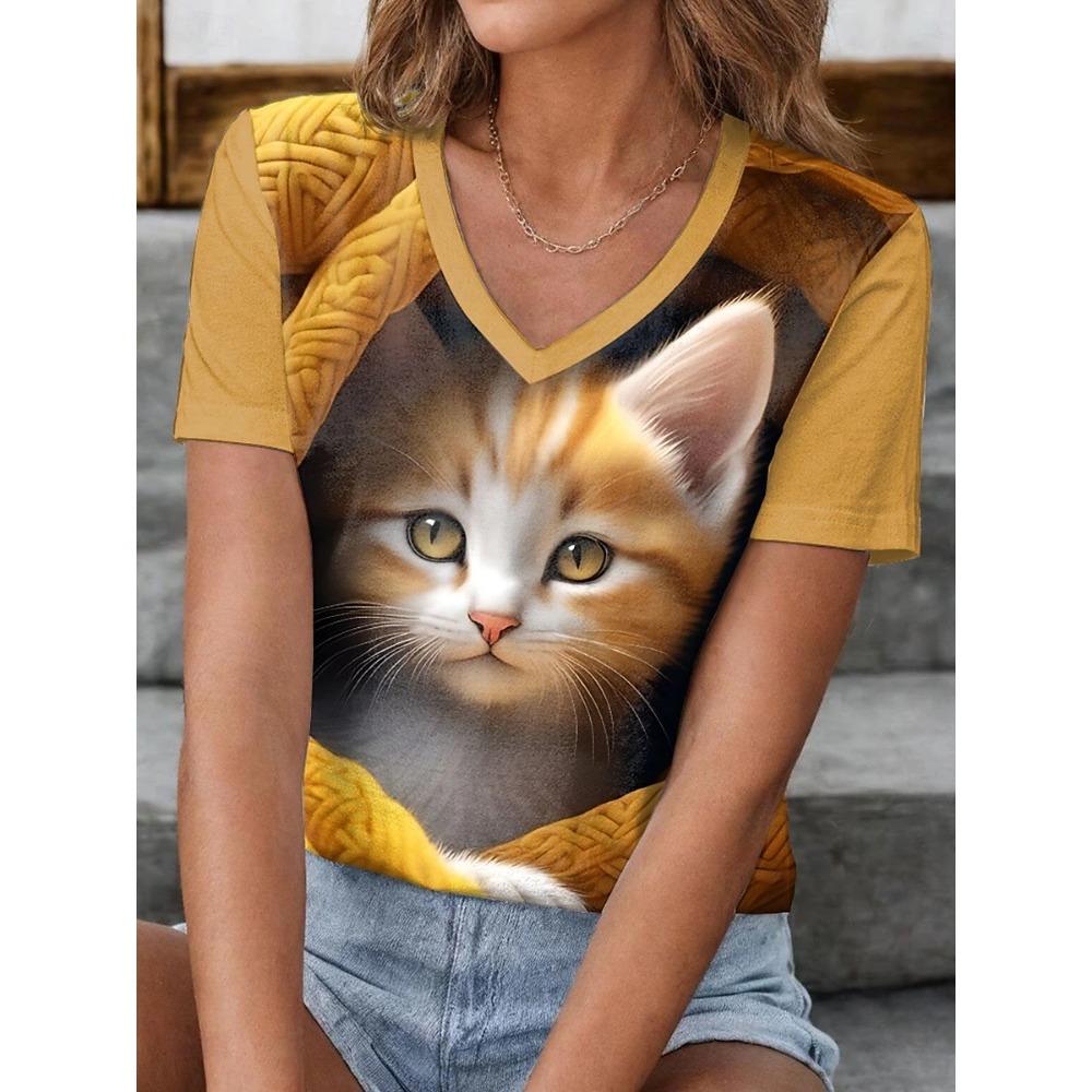 Outdoor Women's T-shirt Cat Printed Short Sleeve Female Harajuku Tees Ladies T Shirt