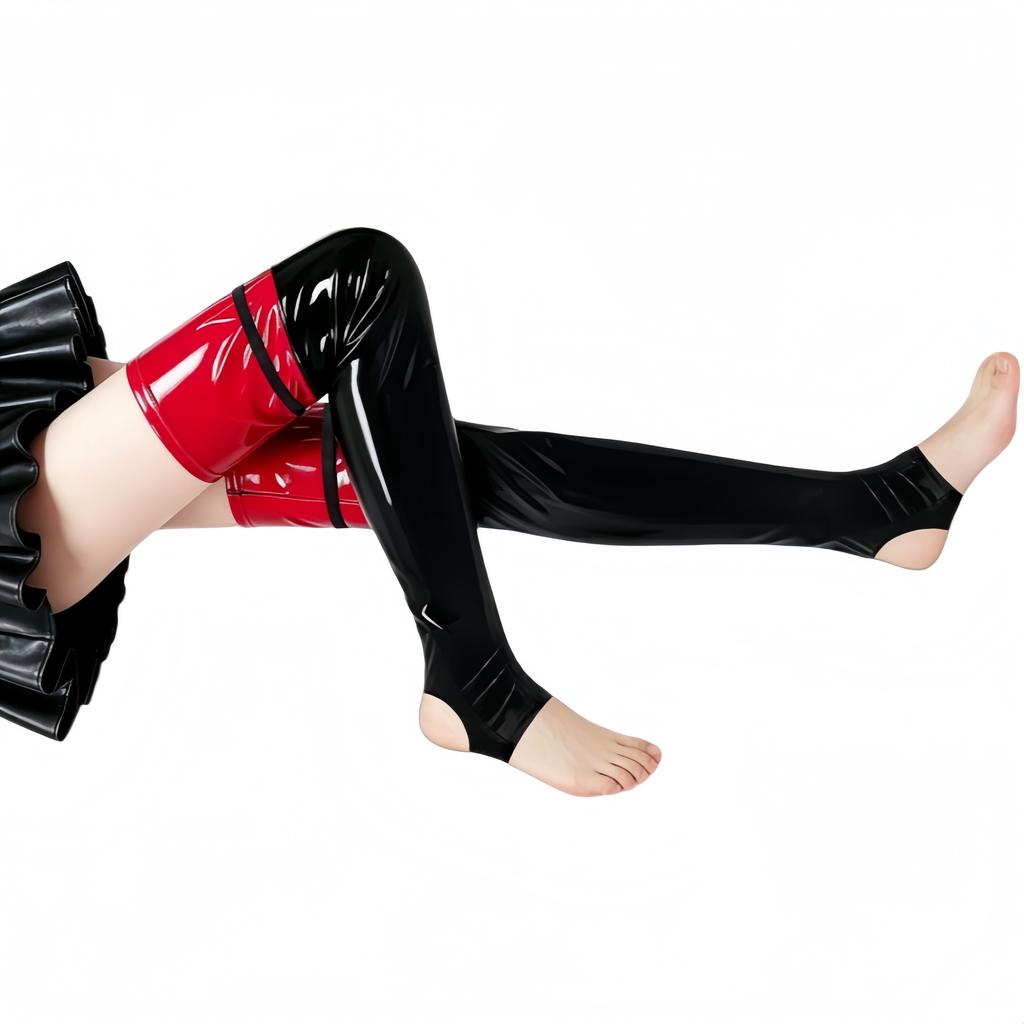 Red Black Patchwork Open Foot Stockings Night Club Stage Dance Oil Glossy Long Stockings Ladies Thigh High Faux Leather Hosiery
