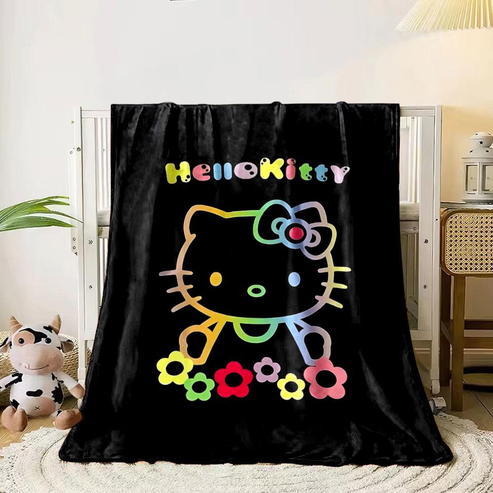A rainbow-colored Hello Kitty outline with flowers on a black background. for all seasons blanket lunch break throw gift 80cm x 120cm