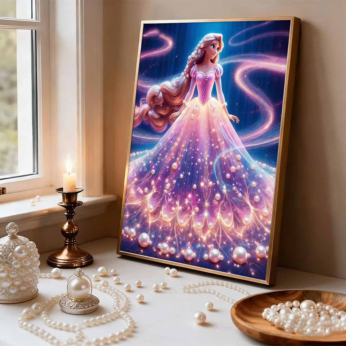 

Rapunzel Series Pearl Effect Frameless Art | Long Hair & Flowing Gradient Gown Accents | Dreamy Art Decor for Modern Home & Gallery 35x45cm