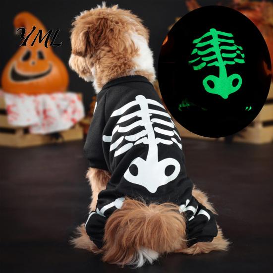Small Breed Halloween Clothes Dog Jumpsuit, Glow-in-The-Dark Skeleton Pet Onesie, Spooky Soft Polyester Clothing Four-Legged for Dogs Trick-or-Treat