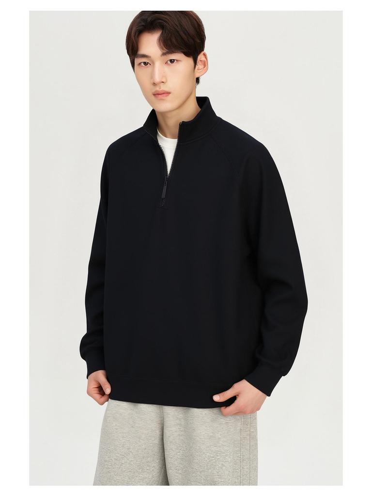 Men's 2025 Winter Black Fleece-Lined Half-Zip Stand Collar Sweatshirt