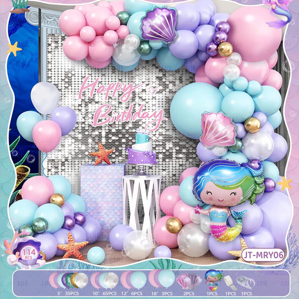 Mermaid Themed Birthday Balloon Chain Set Shell Mermaid Fish Tail Wreath Arch Party Ornament Arrangement
