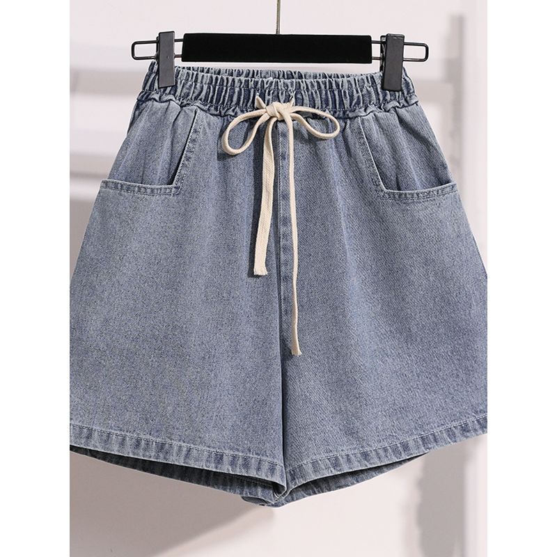European and American Summer Students Plus size women clothing Drawstring Simple A Word Covering Loose Wide Leg Demin shorts Hot Pants S-5XL